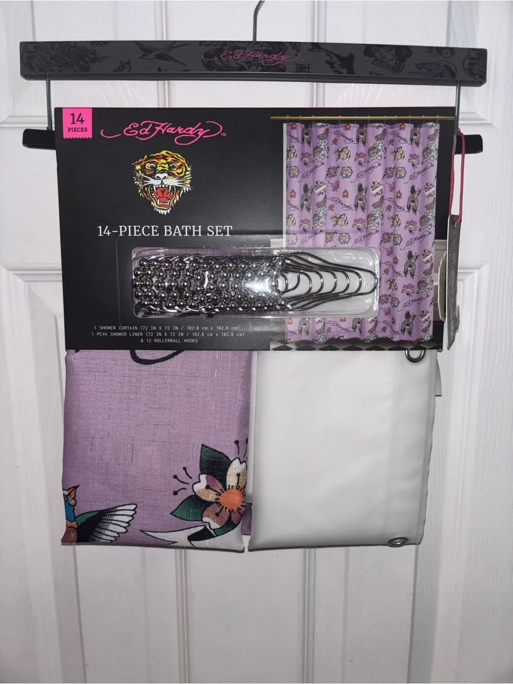 Ed Hardy Lavender Tattoo-Print Bath Set with White Liner